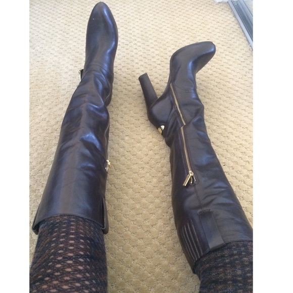 Michael Kors Gold Buckled Brown Heeled Boots