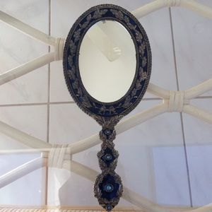 Vintage Navy Blue and Brass Hand Mirror