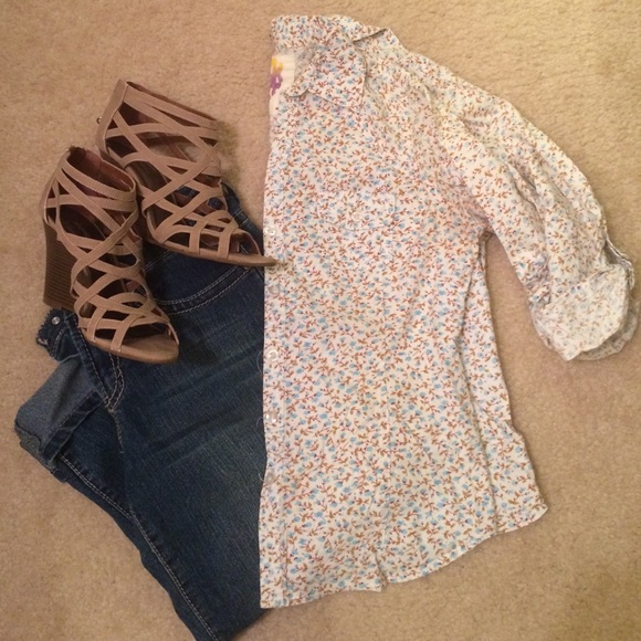 Blue Floral White Button Down Shirt