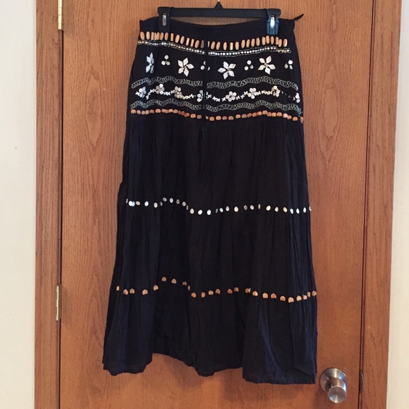 Long black skirt with sea shell, & wood beads.