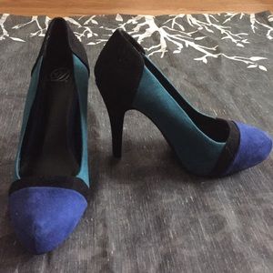 Blue and black color block heels