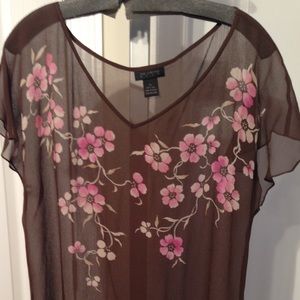 THE LIMITED Silk Brown Floral Sheer Top THE LIMITED Silk Brown Floral Sheer Top