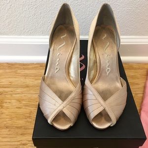 By Nina - Gold royal satin peep toe pumps!
