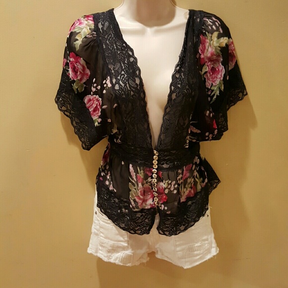 Dark blue button sheer lace blouse