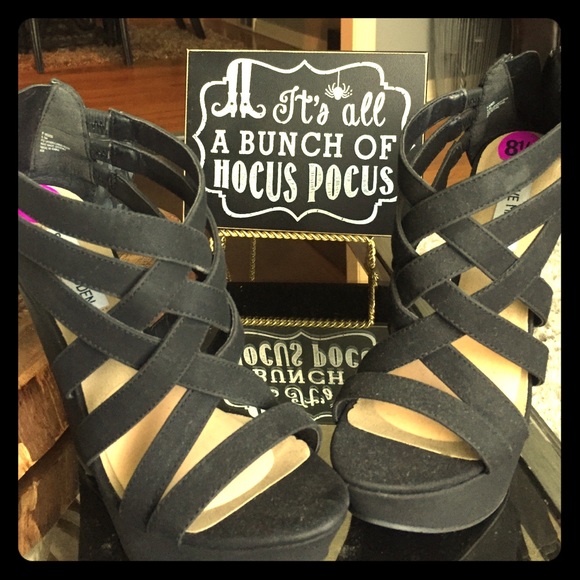 Tall black strappy  wedges