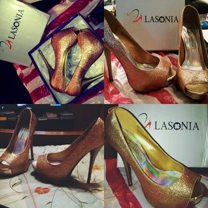 Gold Glitter Peep-Toe Stilettos