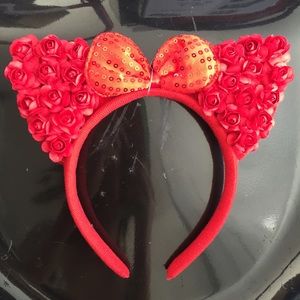 Red floral cat ears flower headband & sparkly bow