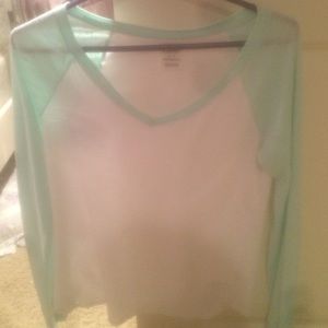 white tshirt long mint colored sleeves from PINK