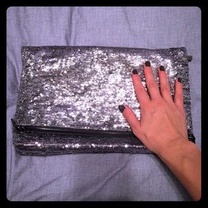 French connection silver sequin clutch
