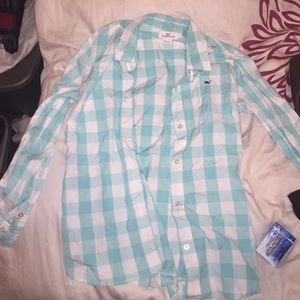 Vineyard Vines teal & white gingham button down