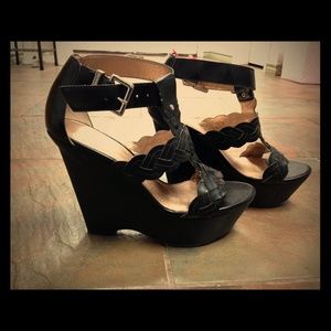 BCBG strappy black wedge