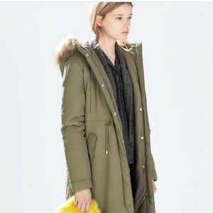 Zara Military Green Coat with fur hood