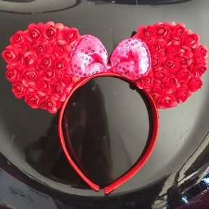 Red floral Mickey Minnie Mouse ears flower headban