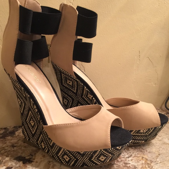 Black and beige ankle strap wedges