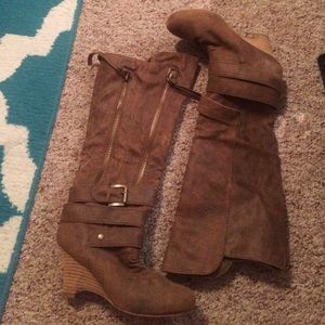 Buckle tan booties with a heel