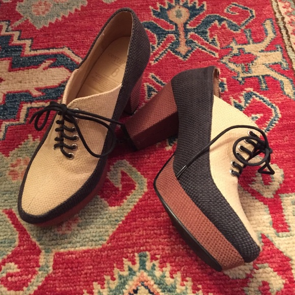 Woven canvas platform oxfords.
