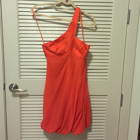 One shoulder orange silk / chiffon cocktail dress
