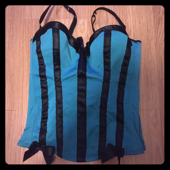 Teal and black corset.