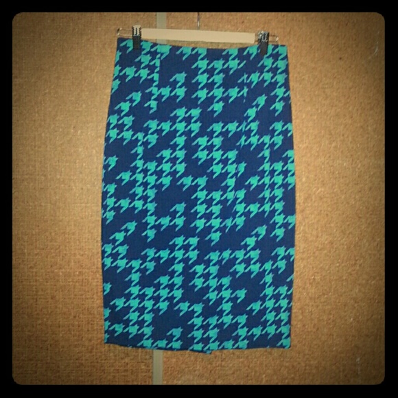 Navy & Teal Houndstooth Pencil Skirt