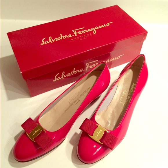 Red Patin Leather Salvatore Ferragamo Shoes.