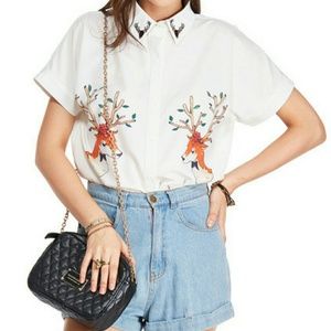 Deer Print Short-sleeved White Shirt