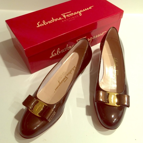 Pearlized Bronze Patin Leather Ferragamo Shoes