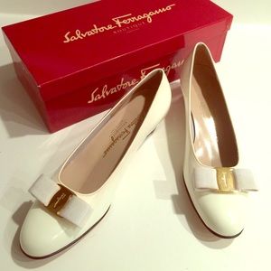 White Patin Leather Ferragamo Shoes