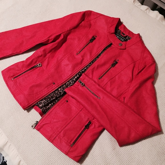 Brand New Red Faux Leather Aviator Jacket, Large