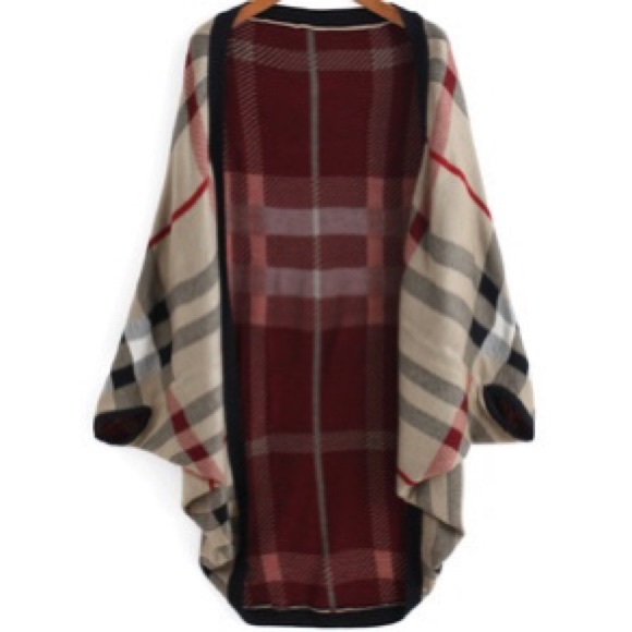 NWOT Batwing Khaki + Red + Black Plaid Cardigan