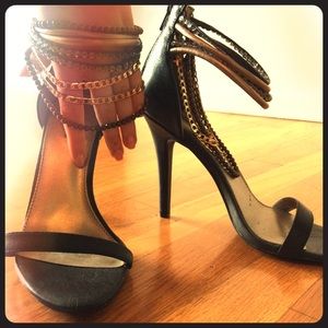 Black high heels with colorful ankle straps