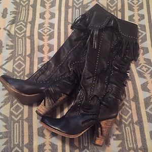 Black Leather Fringe Boots