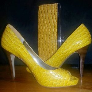 Like New Yellow Embossed Peeptoe Heel and Clutch
