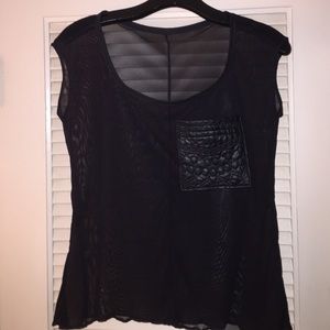 Mesh top with faux leather pocket