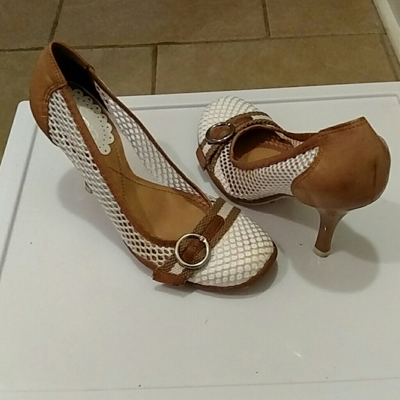 White and Tan Aldo Heels