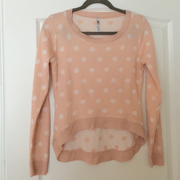 Peach and white, polka dot, high-low sweater
