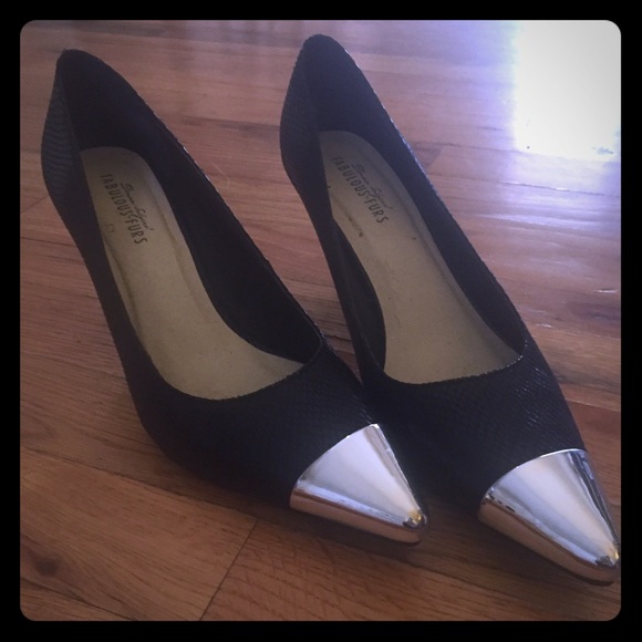 Black Reptile Print Heels with Metallic Pointy Toe