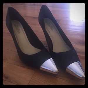 Black Reptile Print Heels with Metallic Pointy Toe