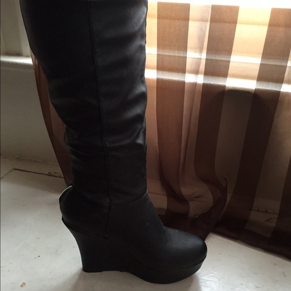 Black thigh high wedge boots