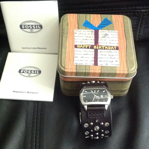Black Leather Studded Fossil Watch New in Box