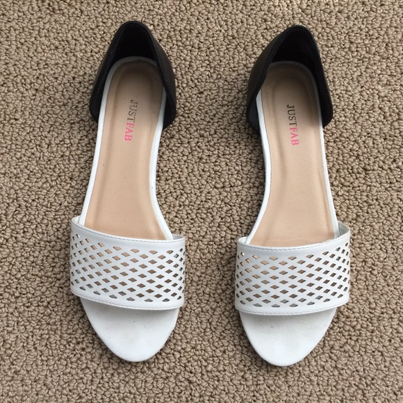 JustFab Shoes - Black and white laser cut d'orsay flat sandals.