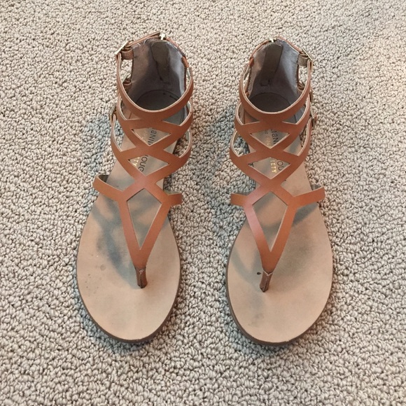 Cognac vegan leather gladiator sandals.