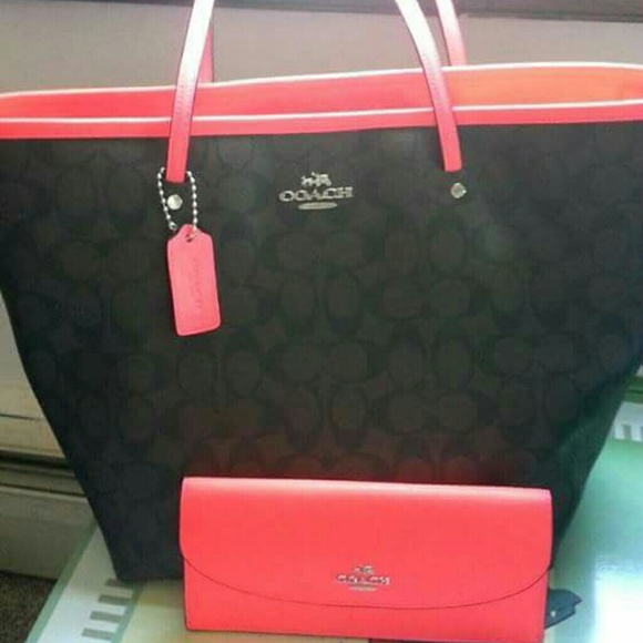 Coach large neon pink zip top taxi tote