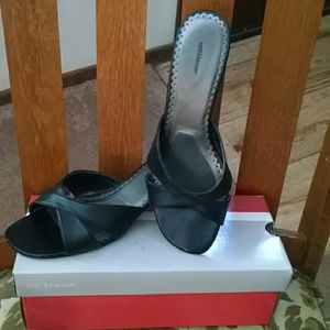 BLACK slip on sandal heels.