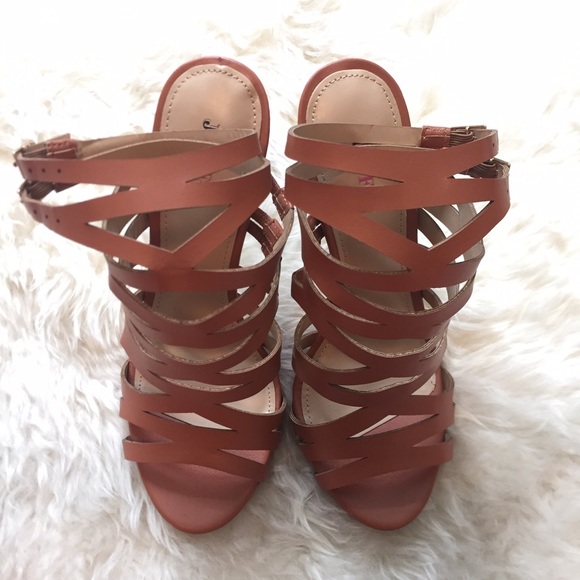 Cognac colored gladiator high heel sandals.