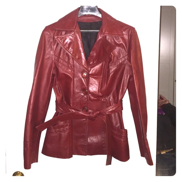 Vintage Red Leather Jacket with Tie Waist