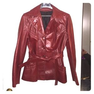 Vintage Red Leather Jacket with Tie Waist