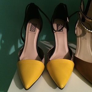 New, yellow/black/snakeskin heels