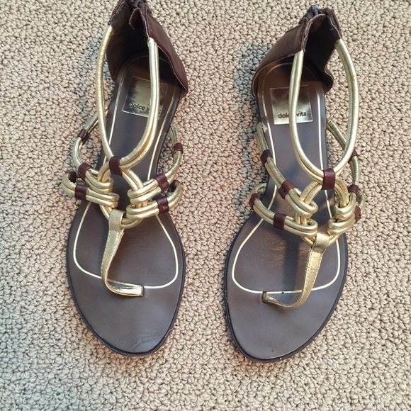 Metallic gold gladiator sandals.