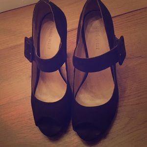 Nine West open toe heels with buckle.