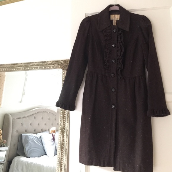 Chocolate brown ruffled wool coat